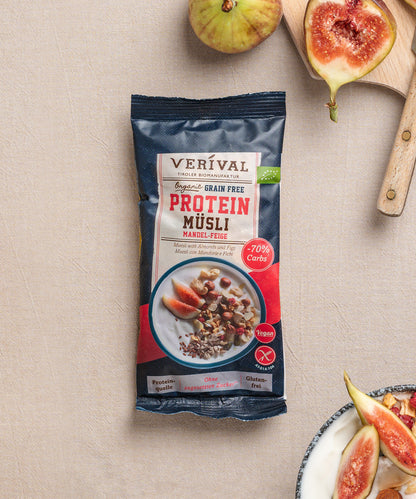 Die Protein-Probierbox Top 10 von Verival Bio enthält 10 verschiedene Einzelportionspackungen von proteinreichen Verival Frühstücksprodukten. 